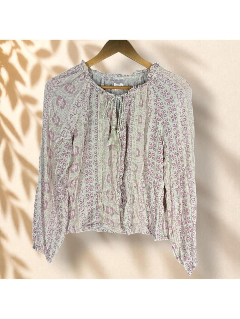 Nobo Button Up Top Women M Medium Gray Geometric Long Sleeve Tasseled Rayon